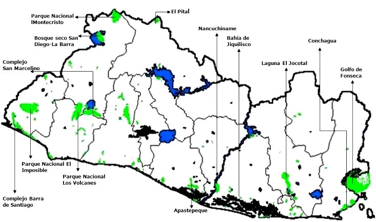 Mapa de áreas naturales protegidas de El Salvador