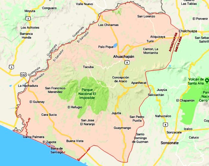 Mapa del departamento de Ahuachapán